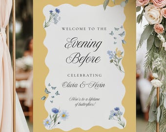 PRINTED & SHIPPED Welcome Sign Wedding Eve, Yellow Rehearsal Dinner Sign with Butterflies, Wavy Border Welcome Poster