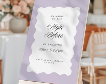 PRINTED & SHIPPED Lavender Welcome to the Night Before Sign, Blue Wavy Border Rehearsal Dinner Sign