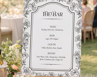 Printed & Shipped Wedding Bar Sign, Custom Floral Wedding Sign, Drink Menu Sign, Modern Wedding Decor