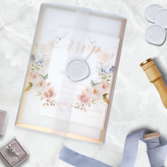 Giacche In Pergamena Floreale Pre-piegate - Per Inviti Matrimonio 12,7x17,8cm - Confezione Da 50