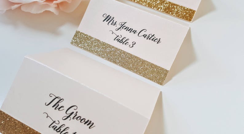 Gold Glitter Wedding Place Cards, Blush and Gold Place Card, Seating Cards, Name Cards, Blush and Gold Glitter Placecards, FREE SHIPPING image 2