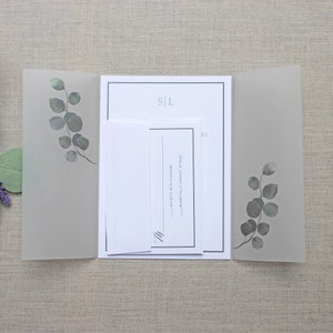 Eucalyptus Vellum Wrap, Sage Vellum Jacket, Pre-folded Vellum Wrap For 5 x 7 Invitations, Greenery Vellum Jacket for DIY Invites image 3