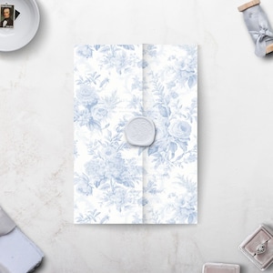 Involucro in pergamena da sposa in toile blu francese, giacca in pergamena azzurra, carta pergamena floreale blu, involucro in pergamena nuziale STAMPATO, pergamena PRE-PIEGATA