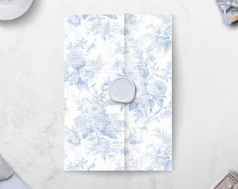 French Blue Toile Wedding Vellum Wrap, Light Blue Vellum Jacket, Blue Floral Vellum Paper, PRINTED Wedding Vellum Wrap, PRE-FOLDED Vellum