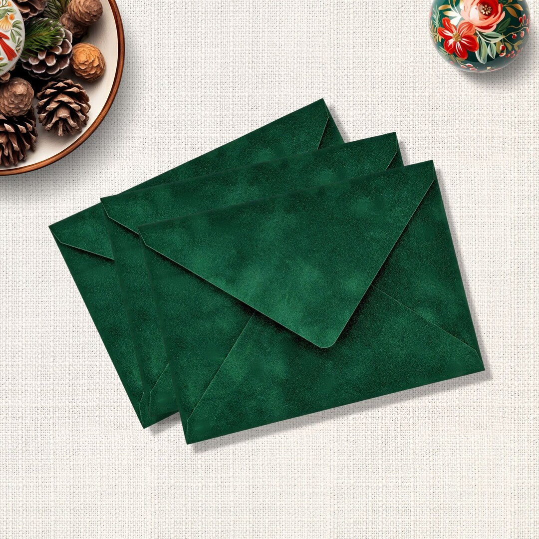 Emerald Green Velvet Envelopes, A7 Euro Flap Wedding Envelopes, 5.25 X