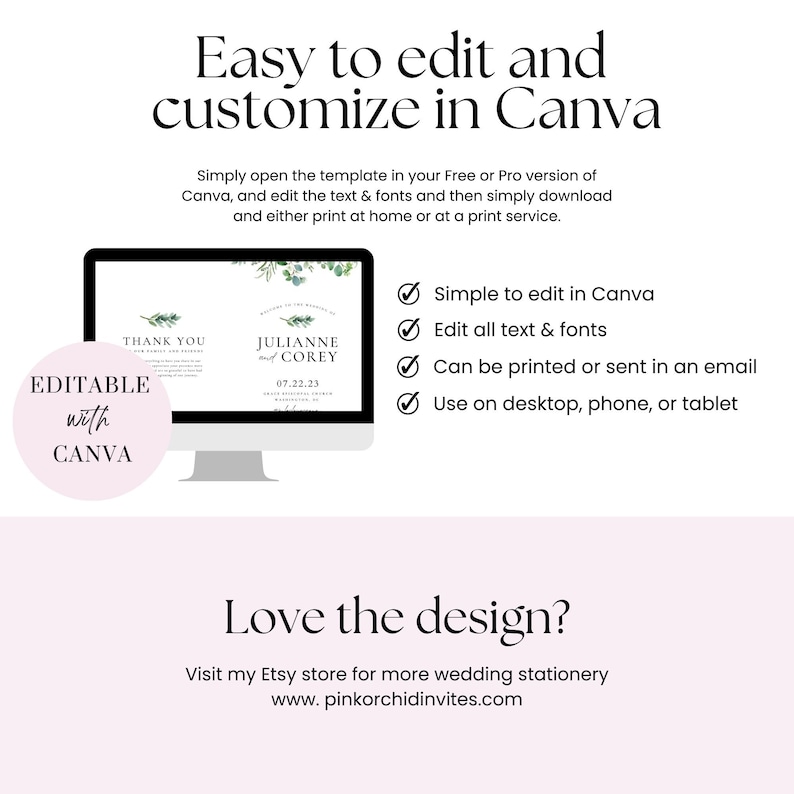May include: Editable wedding invitation template with a green and white floral design. The template features the text "Thank You" and "Julianne & Corey" with a wedding date. The text "Editable with Canva" is displayed in a pink circle. The image also includes a list of features: "Simple to edit in Canva", "Edit all text & fonts", "Can be printed or sent in an email", and "Use on desktop, phone, or tablet".