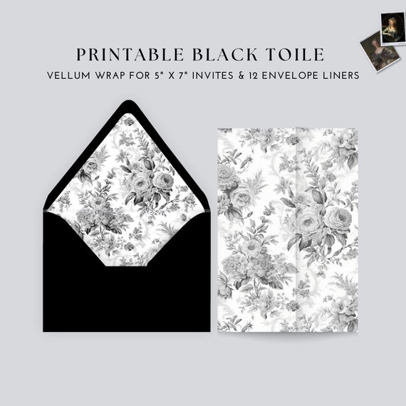 PRINTABLE Black Vellum Wrap and Envelope Liners for 5 x 7 Wedding Invitations, Black Toile Vellum, A7 Envelope Liners, Victorian Vellum Wrap