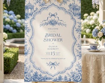PRINTED & SHIPPED Blue Chinoiserie Bridal Shower Welcome Sign, Regency Style Wedding Poster with Bow Detail
