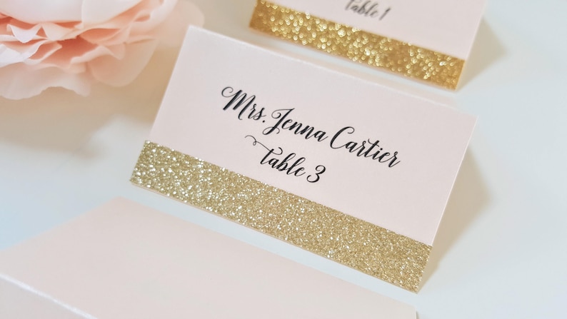 Gold Glitter Wedding Place Cards, Blush and Gold Place Card, Seating Cards, Name Cards, Blush and Gold Glitter Placecards, FREE SHIPPING image 1