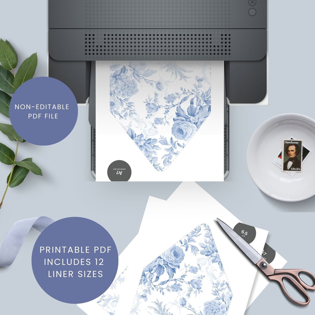 Printable Envelope Liner Template, French Blue Toile Liner, A7 Square