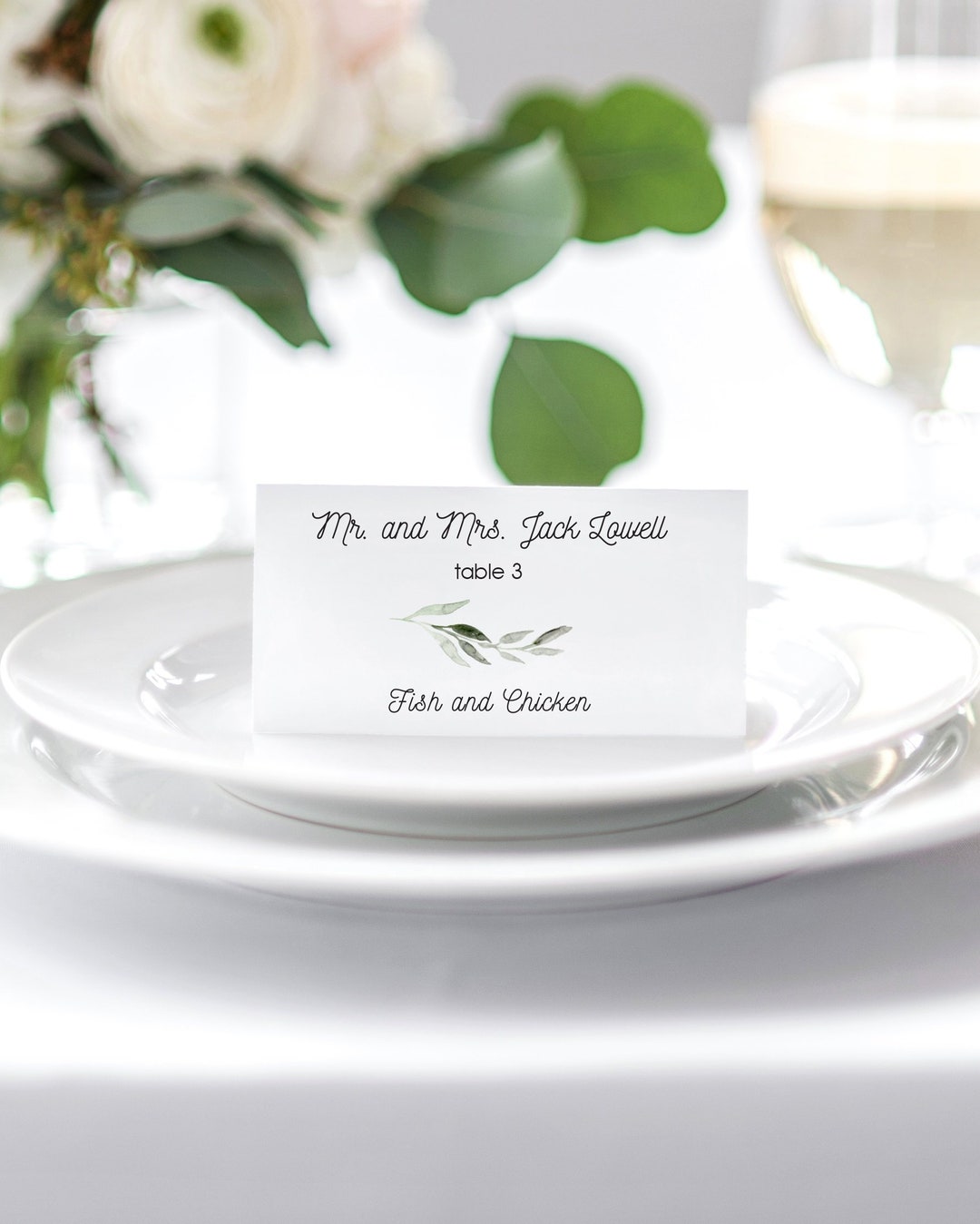 Place Card With Meal Choice, Place Card Template, Greenery Place Cards