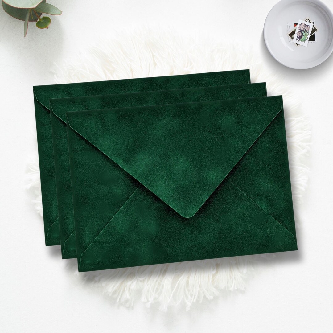 Hunter Green Velvet Envelopes, A7 Euro Flap Wedding Envelopes, 5.25 X 7