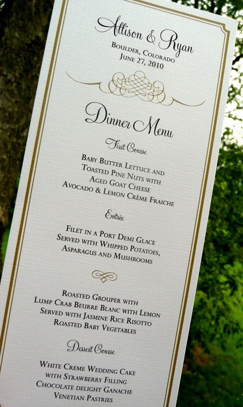 Gold Wedding Menus Tea Length Menu Dinner Menu Formal Etsy
