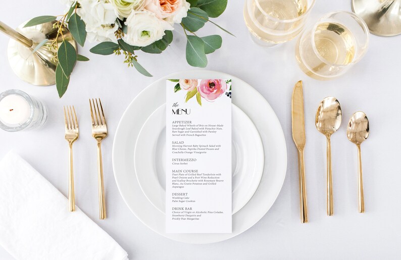 Tea Length Menu Floral Wedding Menu Printed Wedding Menus FREE SHIPPING Watercolor Floral Menu Watercolor Menu Wedding Menu