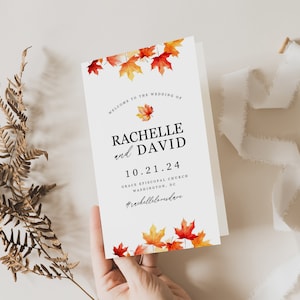 Folded Wedding Program Booklets, Fall Leaf Wedding Program Template, Autumn Printable Folded Program, Instant Download & Edit in Canva FL1