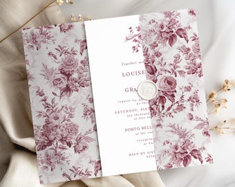 Burgundy Vellum Wrap for 5 x 7 Wedding Invitations, Printed and PRE-FOLDED Vellum Jacket