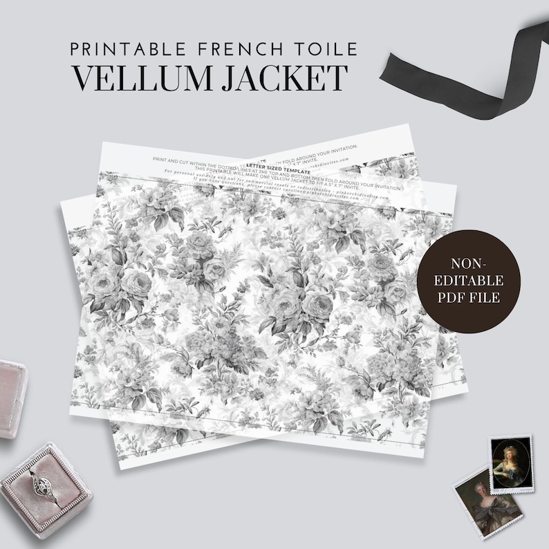 May include: Printable French Toile Vellum Jacket for Letter-Sized Templates. Non-editable PDF file with a black and white floral pattern.