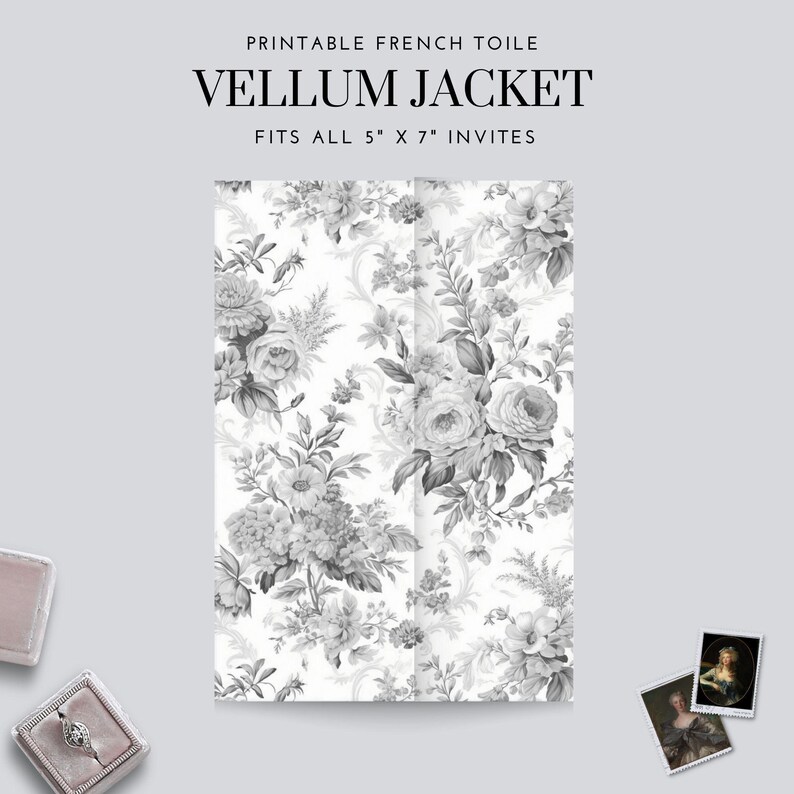 May include: Printable vellum jacket for invitations, featuring a black and white floral pattern. Fits all 5" x 7" invites.