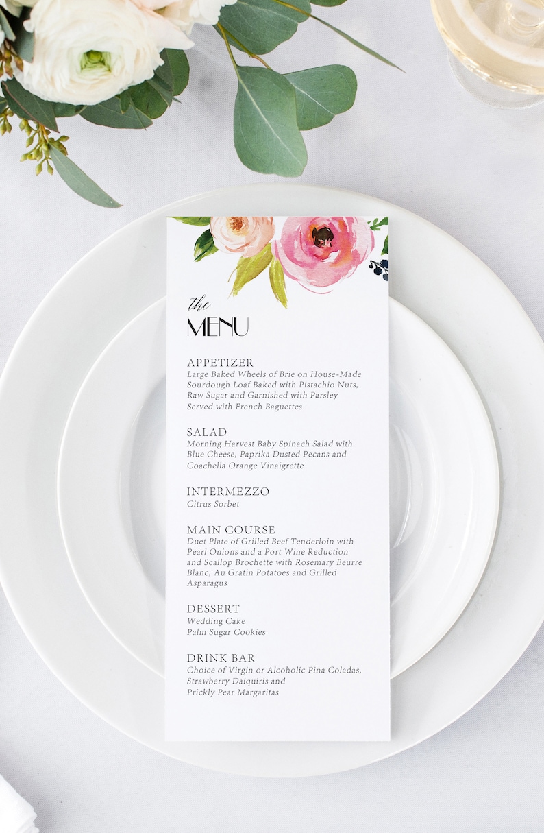 Tea Length Menu Floral Wedding Menu Printed Wedding Menus FREE SHIPPING Watercolor Floral Menu Watercolor Menu Wedding Menu