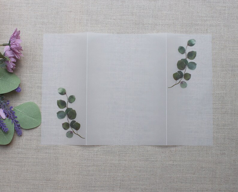 Eucalyptus Vellum Wrap, Sage Vellum Jacket, Pre-folded Vellum Wrap For 5 x 7 Invitations, Greenery Vellum Jacket for DIY Invites image 9