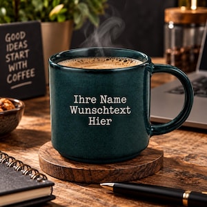 May include: A dark teal ceramic mug with a glossy, speckled finish, filled with steaming coffee. The front of the mug features the white printed text: "Ihre Name Wunschtext Hier". The mug sits on a round wooden coaster on a desk surface.