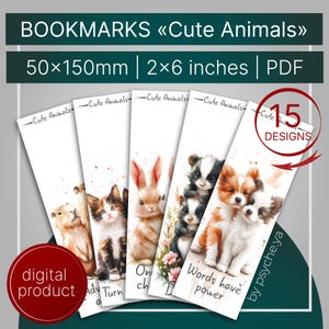 Peut inclure: Ensemble de 15 marque-pages imprimables illustrant de jolis animaux. Chaque marque-page mesure 5 cm sur 15 cm (2 pouces sur 6 pouces). Les marque-pages présentent une variété d'animaux, dont un chat, un lapin, une moufette et un chien. Le texte sur les marque-pages comprend "On", "Words have power" et "Ady Turn".