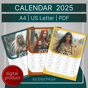 2025 Yearly Calendar – 3 Printable Designs with Elf Women | Fantasy Art A4 & US Letter PDF | Digital Download