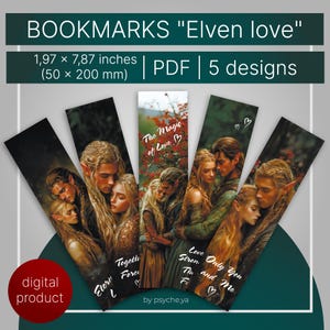 Zakładki Romantyczna para elfów | Zestaw zakładek Fantasy Love | Wydrukowane zakładki A4 | Pobieranie cyfrowe | 5 wzorów | PDF