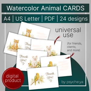 Cartões de agradecimento de animais em aquarela para impressão | Conjunto de 24 designs | Cartões comemorativos | Download instantâneo | A4 | Carta dos EUA