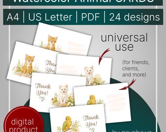 Printable Watercolor Animal Thank You CARDS | Set of 24 Designs | Greeting Cards | Instant Download | A4 | US Letter