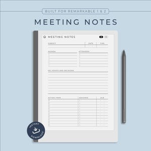 Peut inclure: Un modèle de notes de réunion imprimable en noir et blanc pour la tablette Remarkable 1 & 2. Le modèle comprend des sections pour le sujet, l'ordre du jour, les participants, les points clés et les décisions, les éléments d'action, les personnes affectées et les échéances.