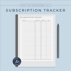 Può includere: Un tracker di abbonamento digitale per tablet Remarkable 1 e 2. Il tablet bianco mostra una griglia per il monitoraggio di servizi, costi mensili e annuali e scadenze. Uno stilo grigio è appoggiato accanto al tablet. Il testo "SUBSCRIPTION TRACKER" è in alto.