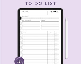 Puede incluir: Una plantilla de lista de tareas digital en blanco y negro para tabletas. La plantilla incluye secciones para el nombre de la lista, el progreso, las prioridades principales, el enfoque, las tareas y las fechas de vencimiento.