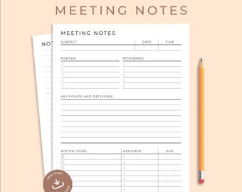Printable Meeting Notes Template, Minimalist Business Agenda (PDF)