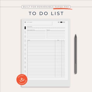 May include: A digital to-do list template for Remarkable Paper Pro featuring a white screen with black text, including sections for list name, progress, top priorities, focus, and a task table with due dates, accompanied by a gray stylus pen.