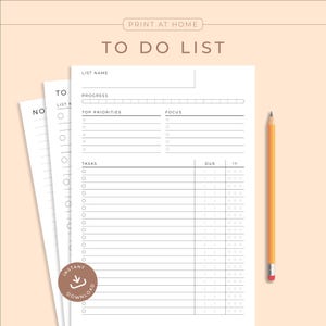 May include: Printable to-do list template with sections for list name, progress, top priorities, focus, tasks, and due dates. The template has a simple design with black text and lines on a white background.