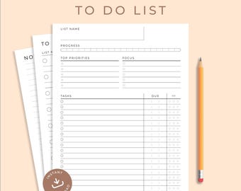 May include: Printable to-do list template with sections for list name, progress, top priorities, focus, tasks, and due dates. The template has a simple design with black text and lines on a white background.