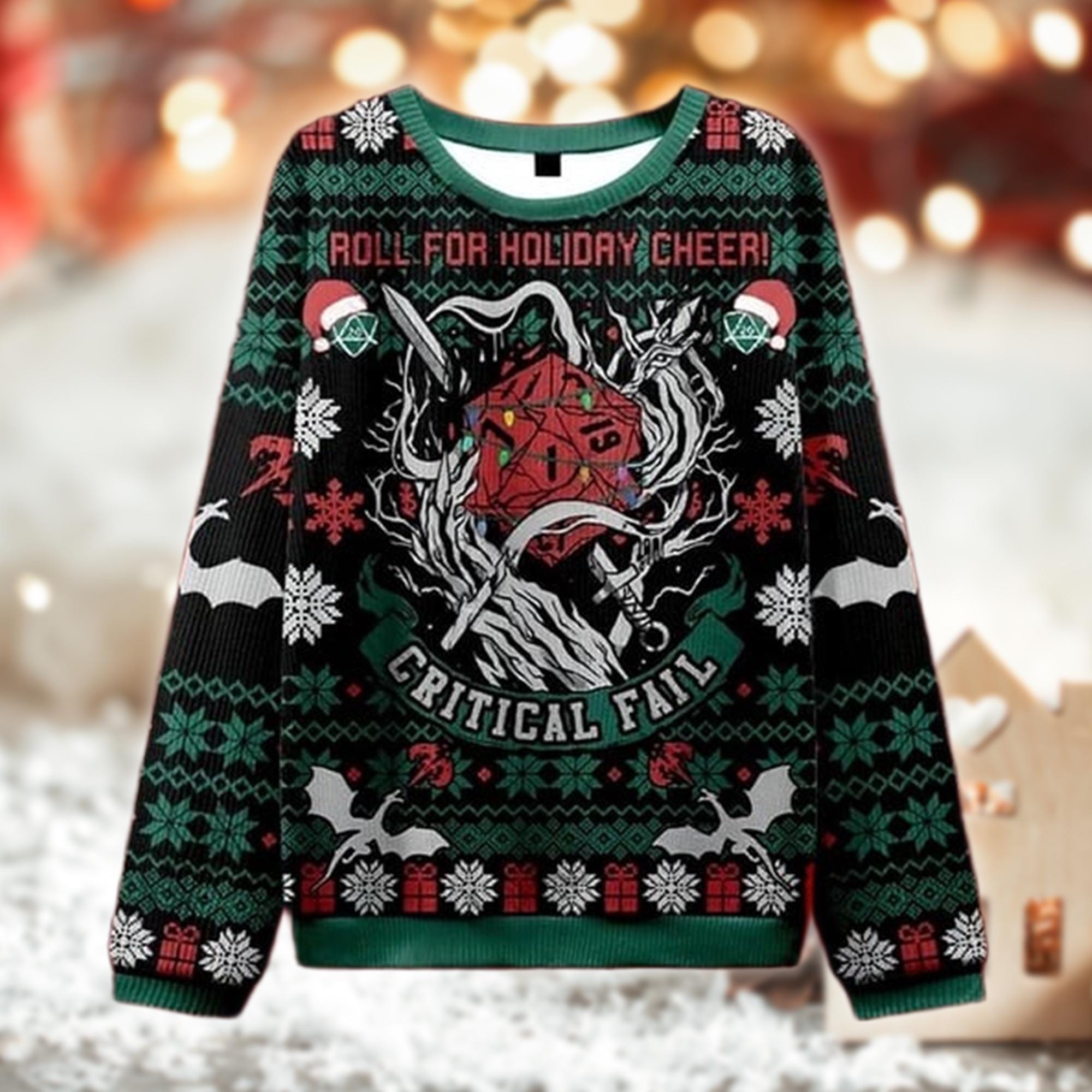 Discover Critical Fail Christmas Sweater, Roll For Holiday Cheer, Ugly D20 Gaming Sweatshirt, TTRPG Gift For Geek