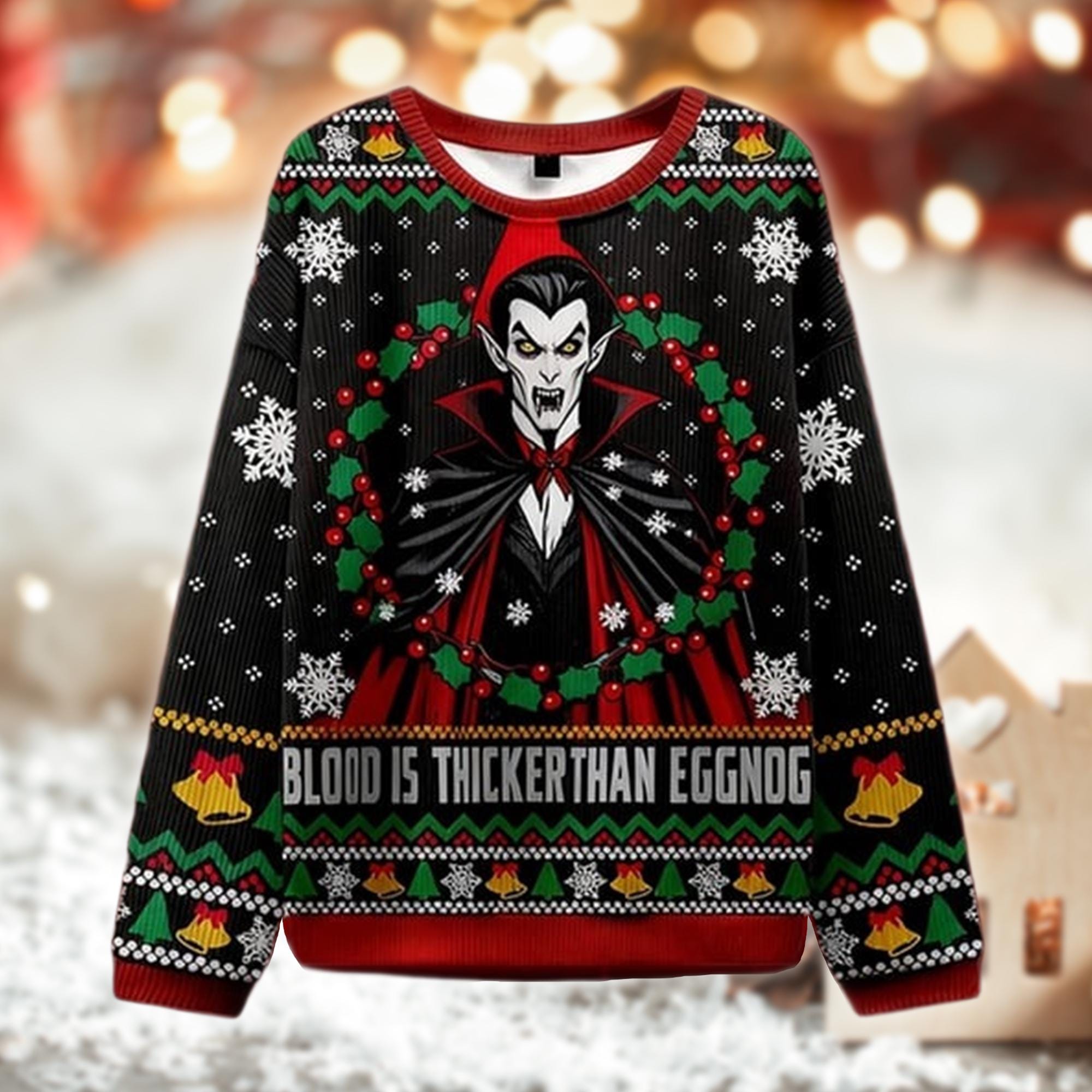 Discover Vampire Christmas Ugly Sweater, Blood Thicker Than Eggnog, Horror Holiday Sweatshirt, Dracula Xmas Gift, Funny Ugly Sweater