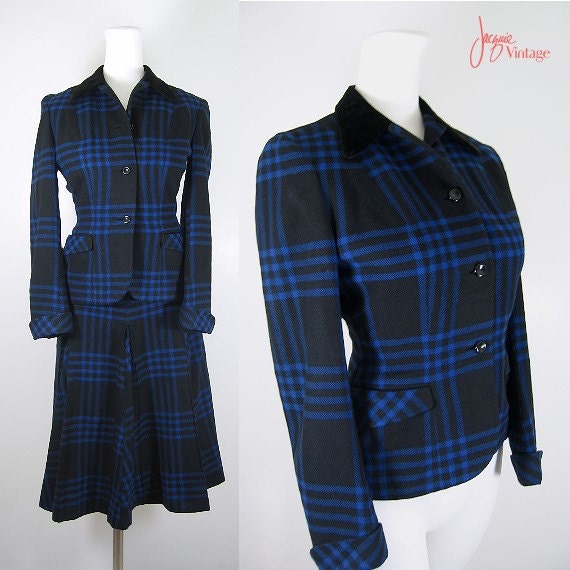 vintage 40s 50s ladies plaid suit / 50s black blue