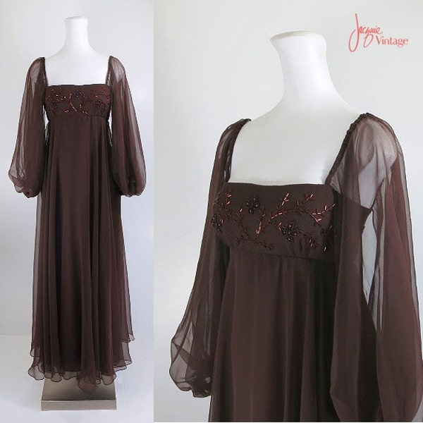 60s 70s boho evening dress / brown chiffon gown / renaissance revival formal dress / empire waist long evening dress / Gibson's