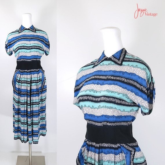 30s dress / striped rayon vintage dress / vintage