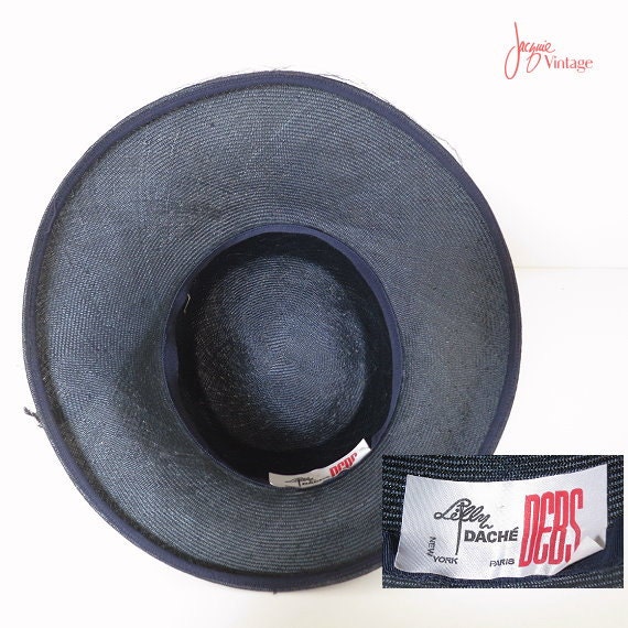 60s Straw Hat With Veil / 60s Lilly Daché Debs Navy Blue  display picture 1