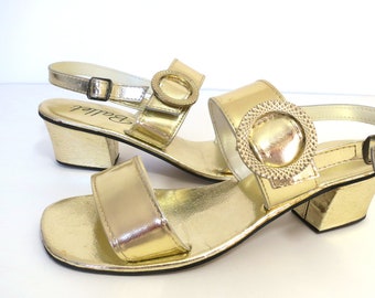 vintage gold metallic strappy sandals / chunky block heel / Ballet / size 5