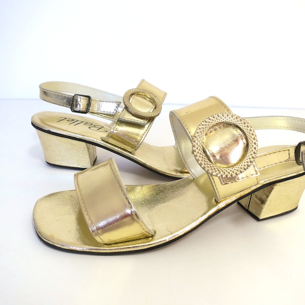 vintage gold metallic strappy sandals / chunky block heel / Ballet / size 5