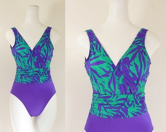 80s one piece swimsuit / 80s swimsuit / 80s purple green bathing suit / 80s vintage swimsuit / modest swimsuit / Baltex / size medium