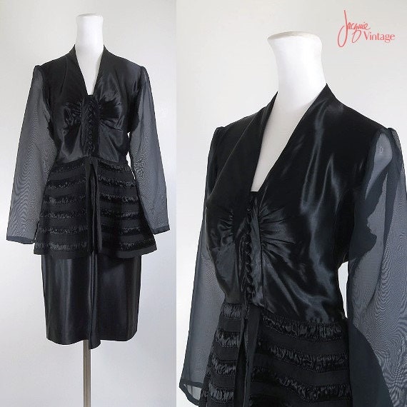 40s cocktail dress / 40s black satin peplum dress