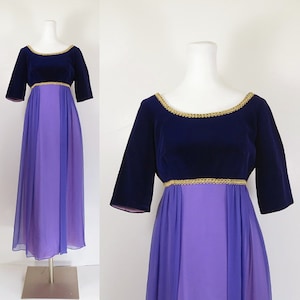 60s 70s evening gown / renaissance style dress / 70s purple velvet chiffon evening dress / empire waist vintage gown / size small medium