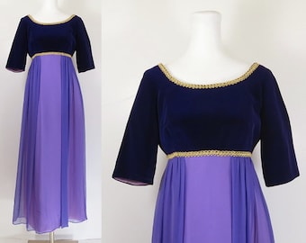 60s 70s evening gown / renaissance style dress / 70s purple velvet chiffon evening dress / empire waist vintage gown / size small medium