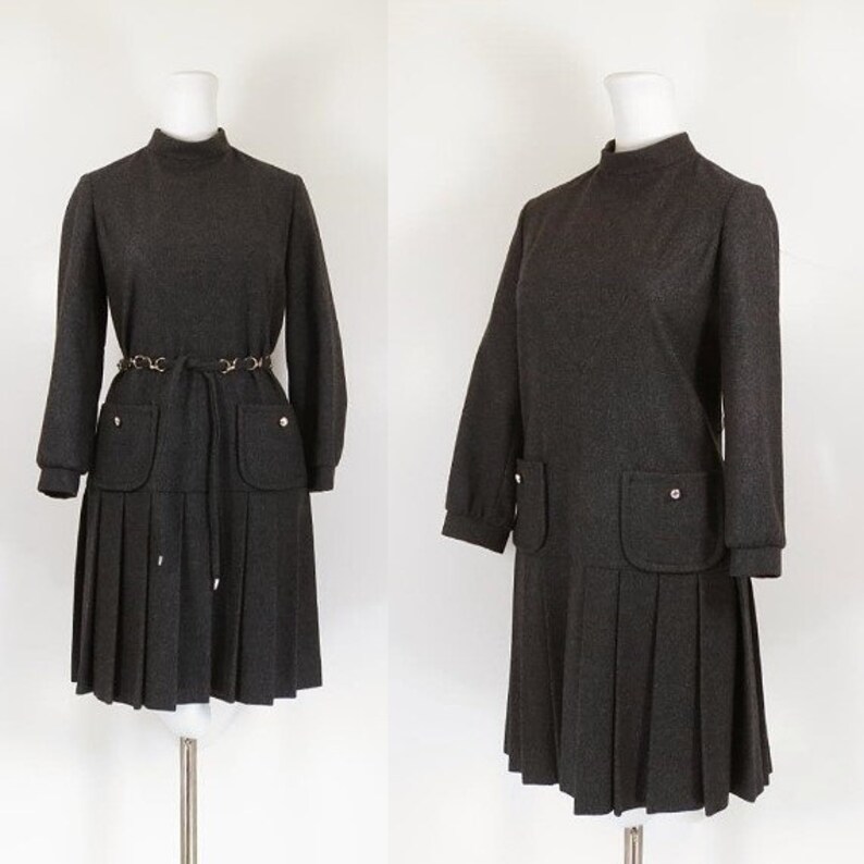 60s mod dress / 60s gray wool flannel dress / 60s drop waist dress / grey 60s dress / preppy 1960s vintage schoolgirl dress / Mayfair dress image 1